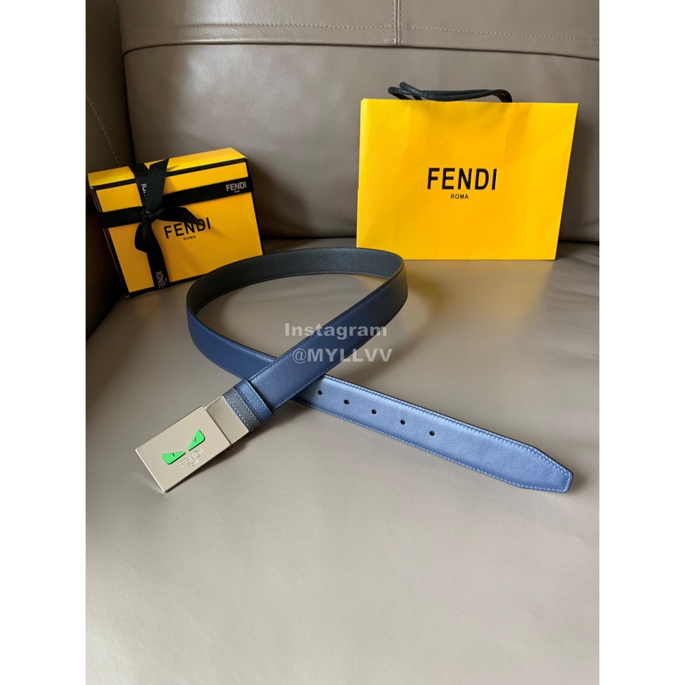 Fendi Double Side Calf Leather Palladium Buckle 34mm Belt Blue