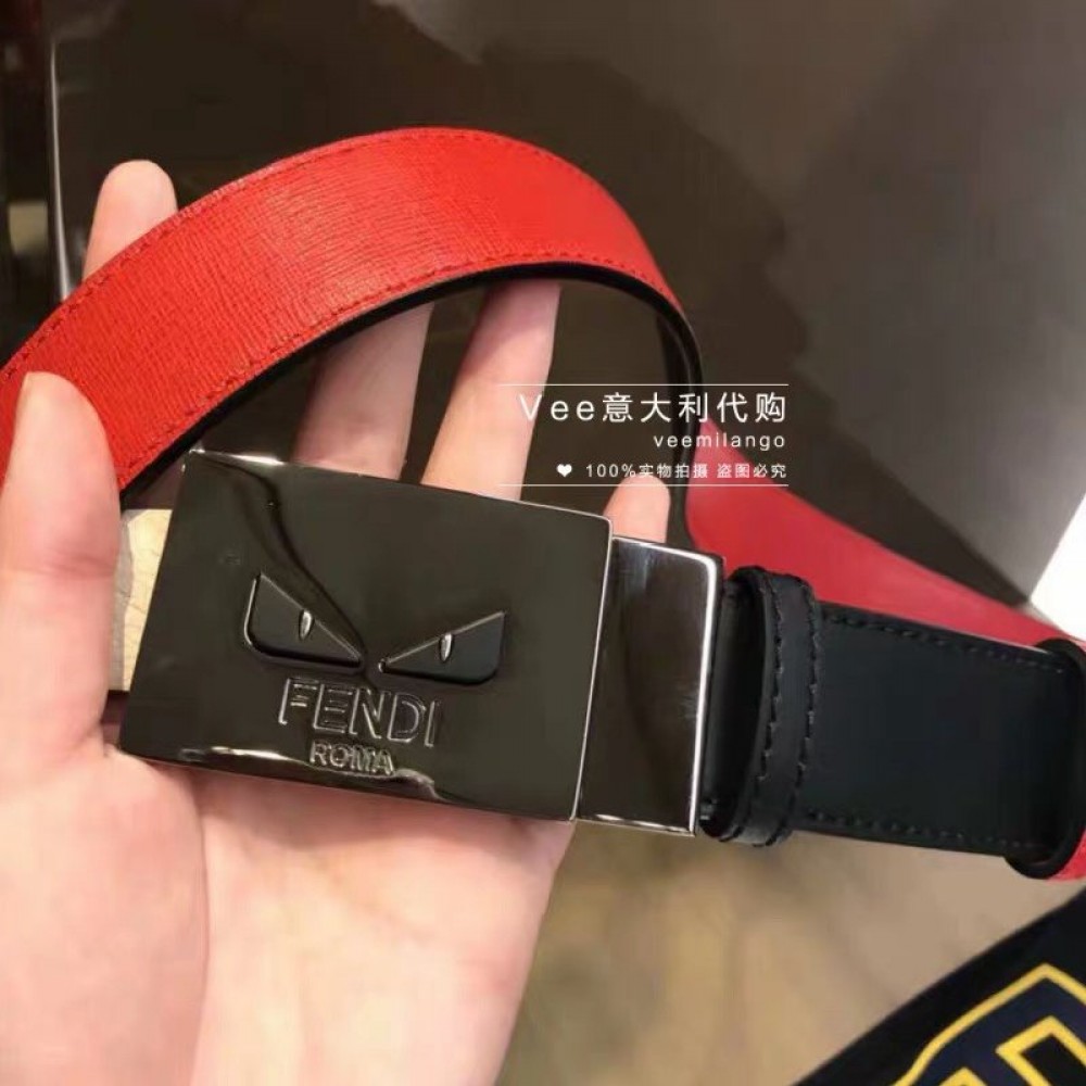 Fendi Double Side Calf Leather Palladium Buckle 34mm Belt Red