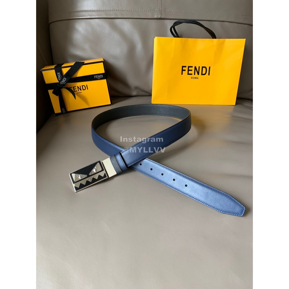 Fendi Fashion Calf Leather Palladium Enamel Buckle 34mm Belt Blue
