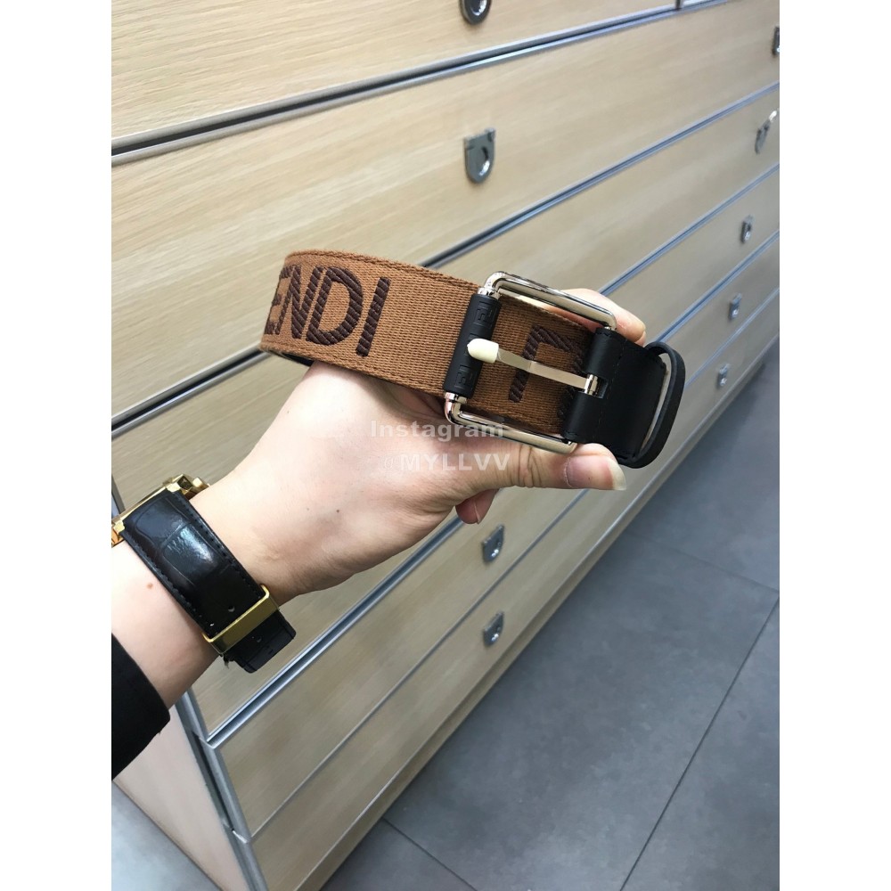Fendi Embroidered Cowhide Pin Buckle 40mm Belt Brown