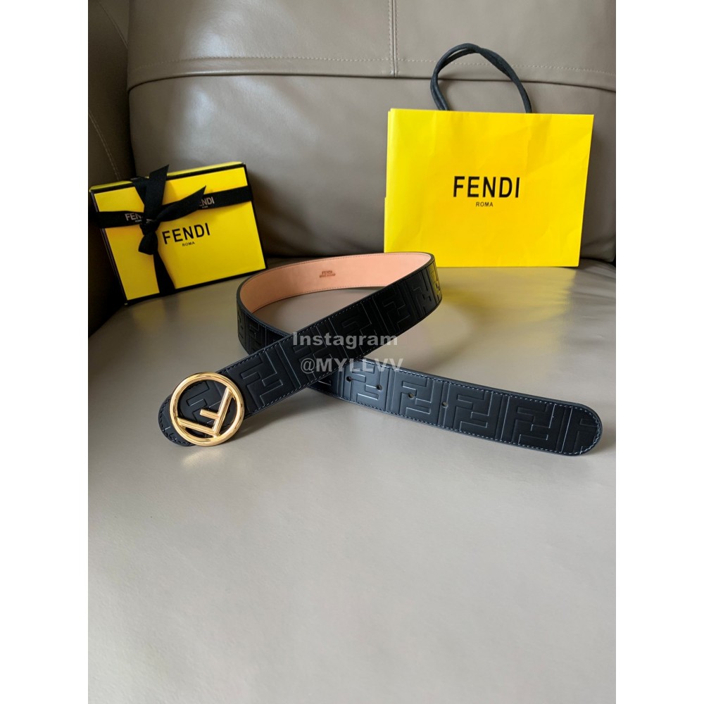Fendi Black Embossed Cowhide Round Gold Buckle 40mm Belt