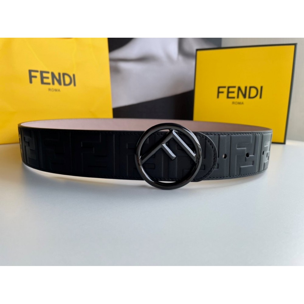 Fendi Black Embossed Ff Print Round Ff Buckle 40mm Belt