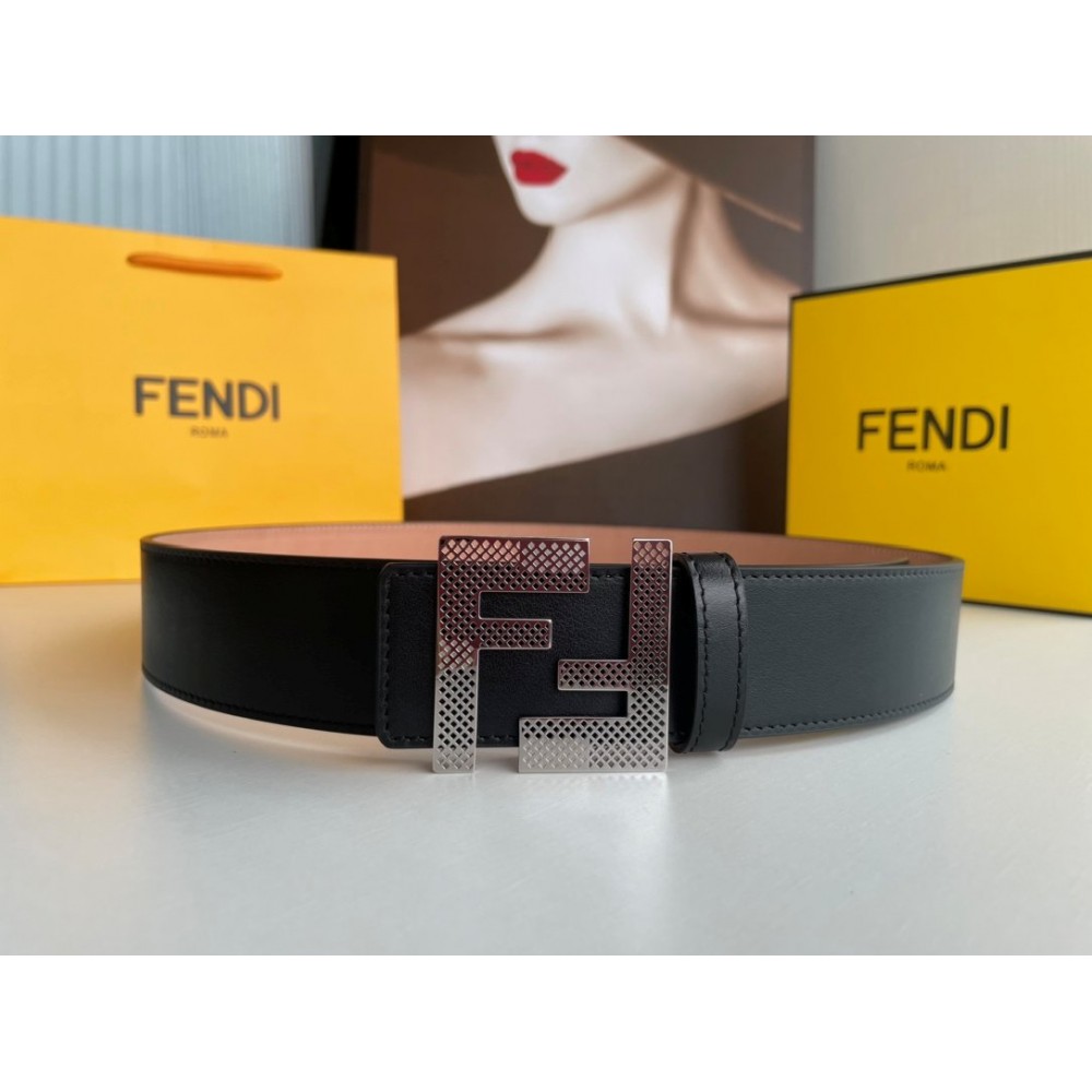 Fendi Calf Leather Hollow Metal Silver Buckle 40mm Belt For Men 