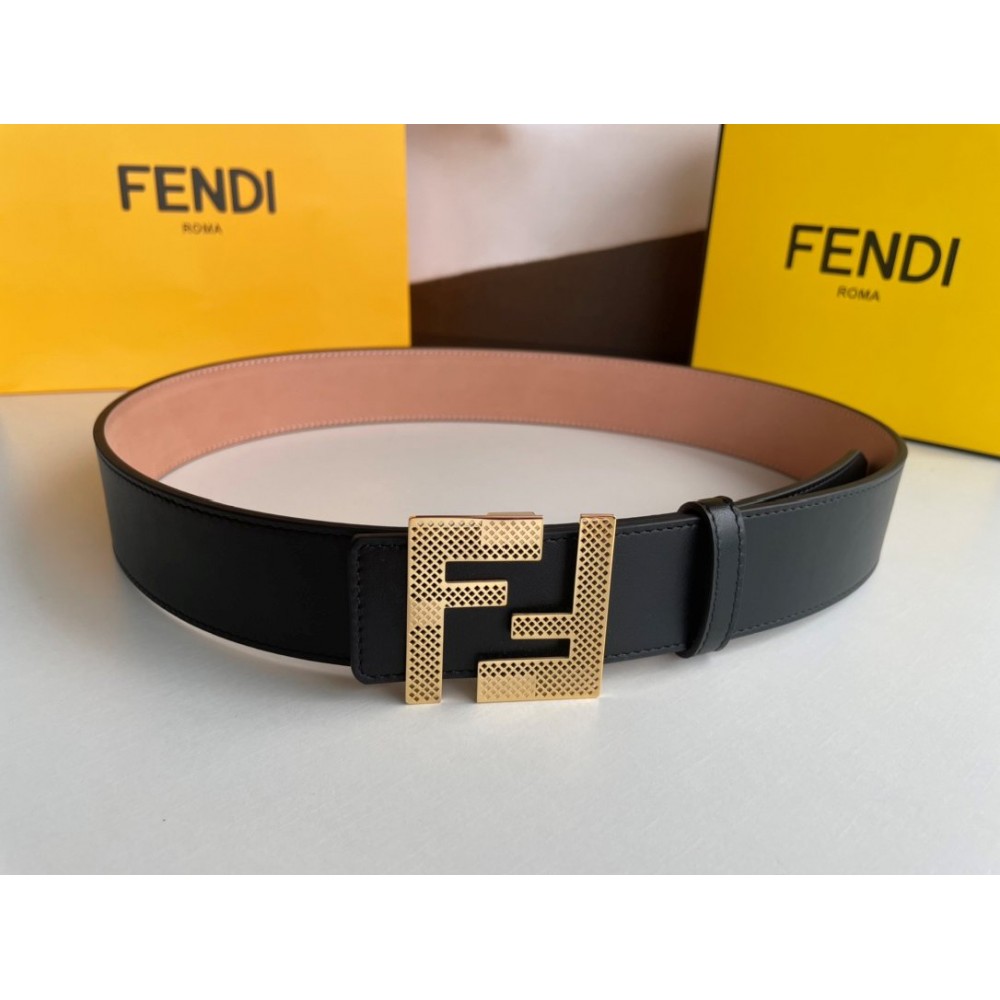 Fendi Calf Leather Hollow Metal Gold Buckle 40mm Belt For Men 