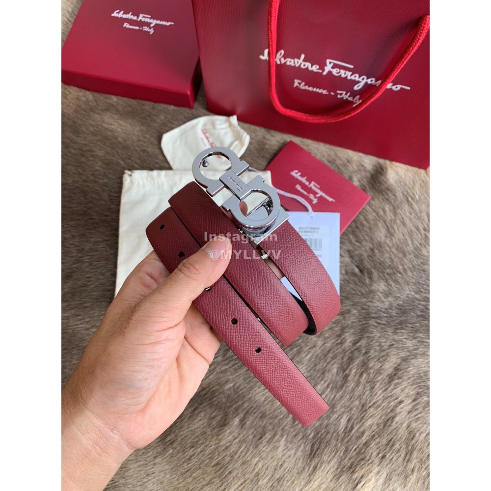 Ferragamo New Calf Leather Silver Buckle 25mm Belt For Women Wine Red