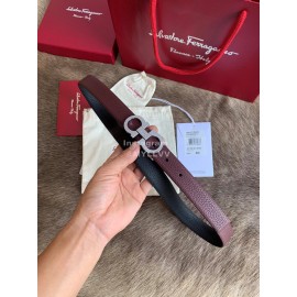 Ferragamo New Wine Red Calf Leather Silver Buckle 25mm Belt For Women