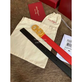 Ferragamo New Red Calf Leather Gold Buckle 25mm Belt For Women