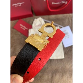 Ferragamo New Red Calf Leather Gold Buckle 25mm Belt For Women