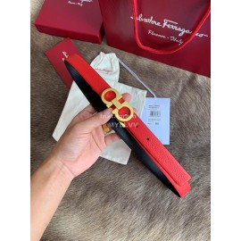 Ferragamo New Red Calf Leather Gold Buckle 25mm Belt For Women