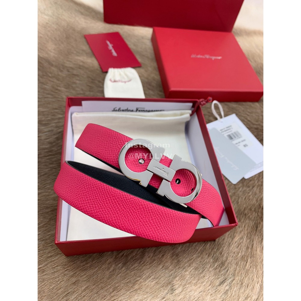 Ferragamo New Calf Leather Silver Buckle 25mm Belt For Women Rose Red
