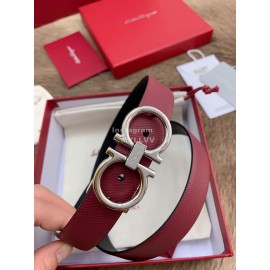 Ferragamo New Calf Leather Silver Buckle 25mm Belt Wine Red
