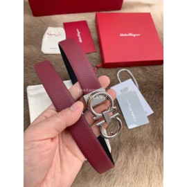Ferragamo New Calf Leather Silver Buckle 25mm Belt Wine Red