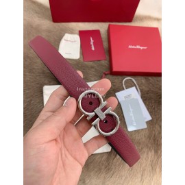 Ferragamo New Calf Leather Silver Buckle 25mm Belt Wine Red