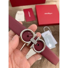 Ferragamo New Calf Leather Silver Buckle 25mm Belt Wine Red