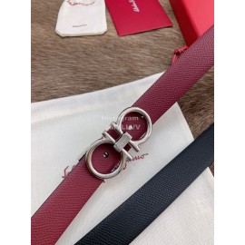 Ferragamo New Calf Leather Silver Buckle 25mm Belt Wine Red