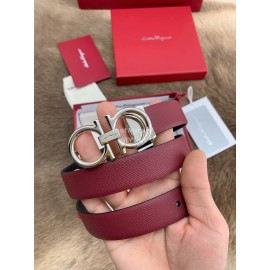 Ferragamo New Calf Leather Silver Buckle 25mm Belt Wine Red