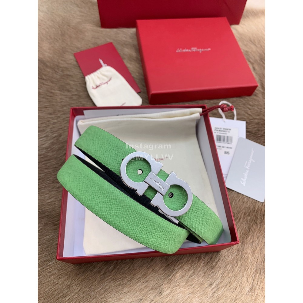 Ferragamo New Calf Leather Silver Buckle 25mm Belt For Women Green
