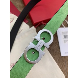Ferragamo New Calf Leather Silver Buckle 25mm Belt For Women Green