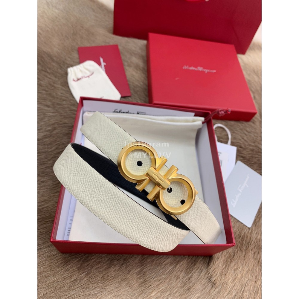 Ferragamo Calf Leather Gold Buckle 25mm Belt For Women White