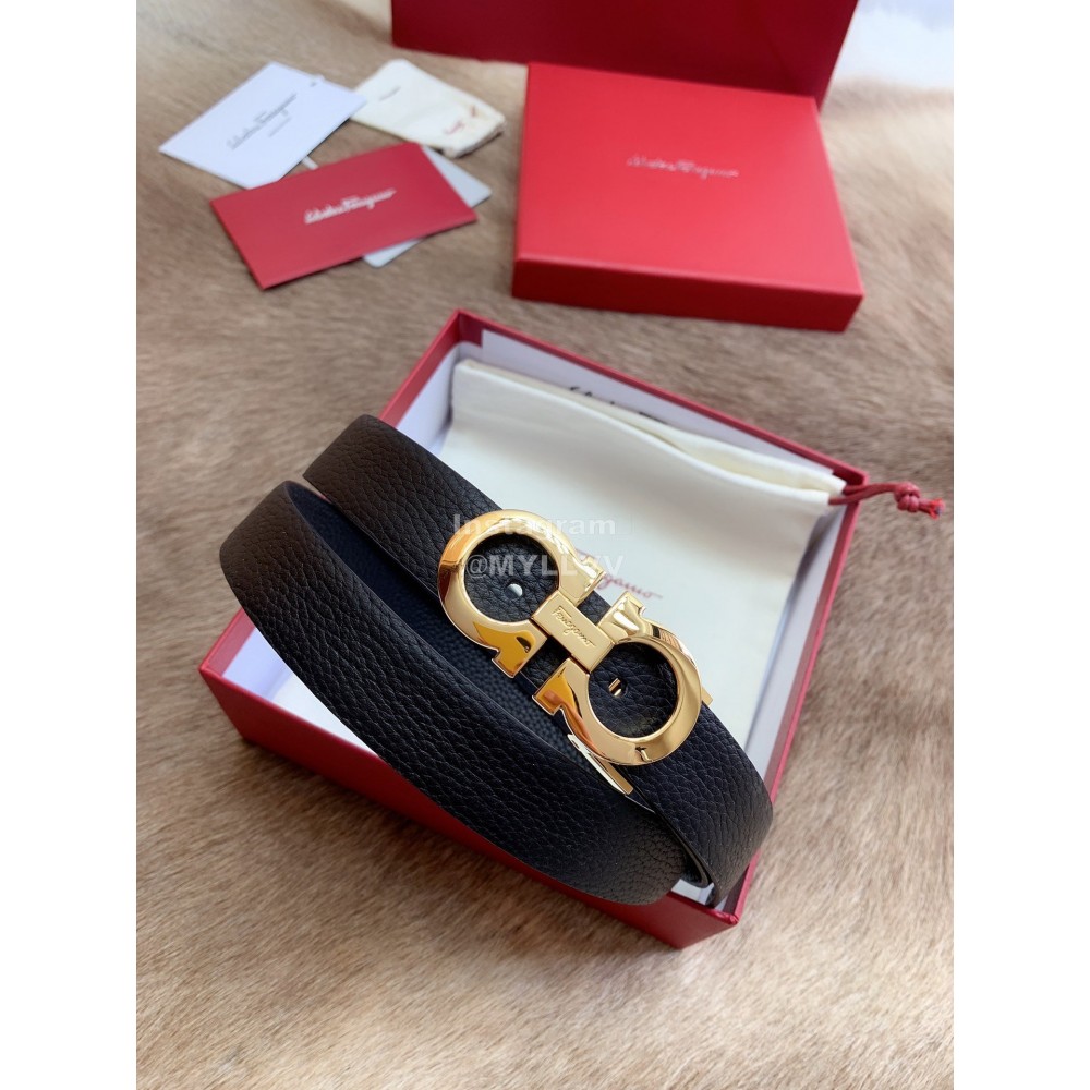 Ferragamo Calf Leather Gold Buckle 25mm New Belt For Women Black