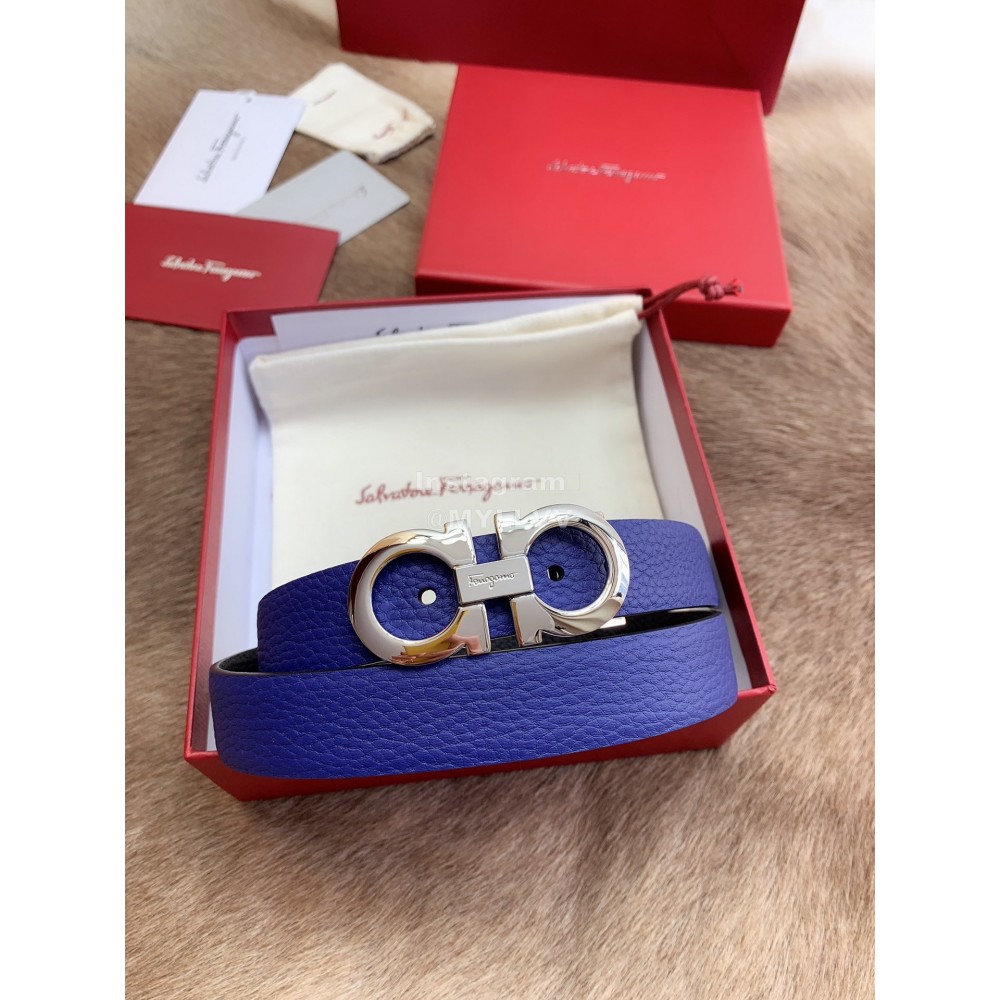 Ferragamo Calf Leather Silver Buckle 25mm New Belt For Women Blue