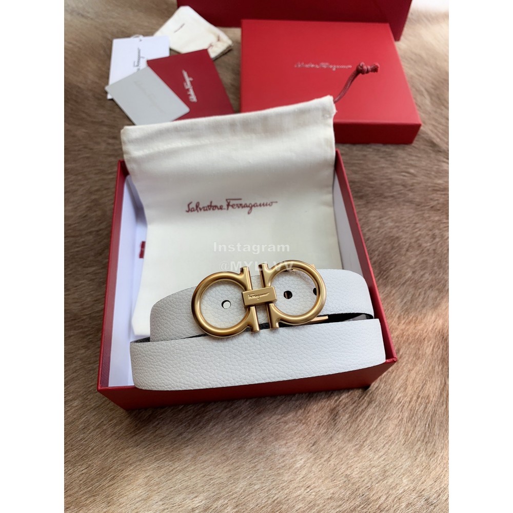 Ferragamo Calf Leather Gold Buckle 25mm New White Belt For Women