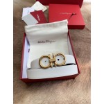 Ferragamo Calf Leather Gold Buckle 25mm New White Belt For Women
