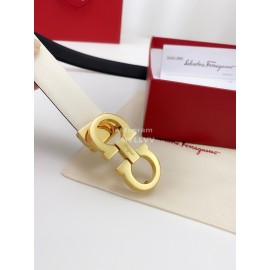 Ferragamo Calf Leather Gold Buckle 25mm New Belt For Women White