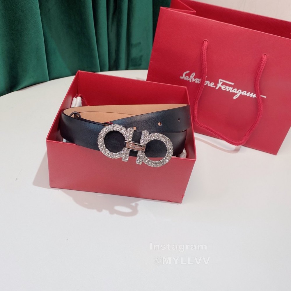 Ferragamo Fashion Calf Leather Crystal Buckle 15mm Belt For Women Black