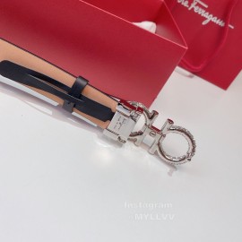 Ferragamo Fashion Calf Leather Crystal Buckle 15mm Belt For Women Black