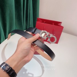 Ferragamo Fashion Calf Leather Crystal Buckle 15mm Belt For Women Black