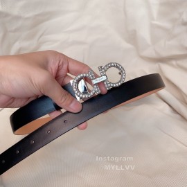 Ferragamo Fashion Calf Leather Crystal Buckle 15mm Belt For Women Black