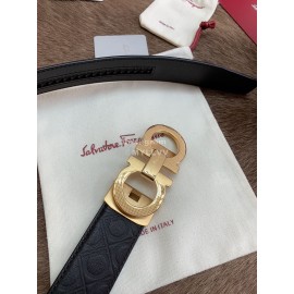 Ferragamo Embossed Cowhide Pure Copper Gold Buckle 35mm Belt For Men Black