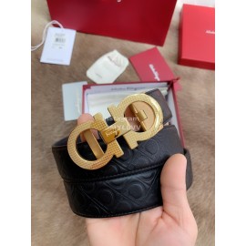 Ferragamo Embossed Cowhide Pure Copper Gold Buckle 35mm Belt For Men Black