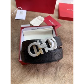 Ferragamo Embossed Cowhide Pure Copper Silver Buckle 35mm Belt For Men Black