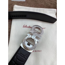 Ferragamo Embossed Cowhide Pure Copper Silver Buckle 35mm Belt For Men Black