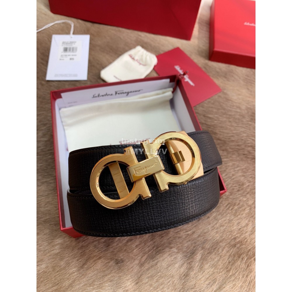 Ferragamo Embossed Cowhide Pure Copper Gold Buckle 35mm Belt For Men 