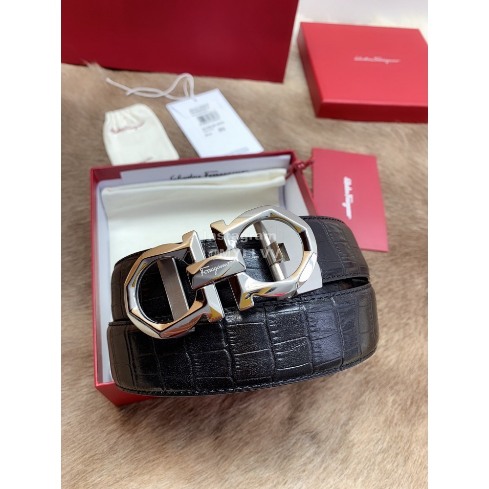 Ferragamo Black Embossed Cowhide Pure Copper Buckle 35mm Belt For Men