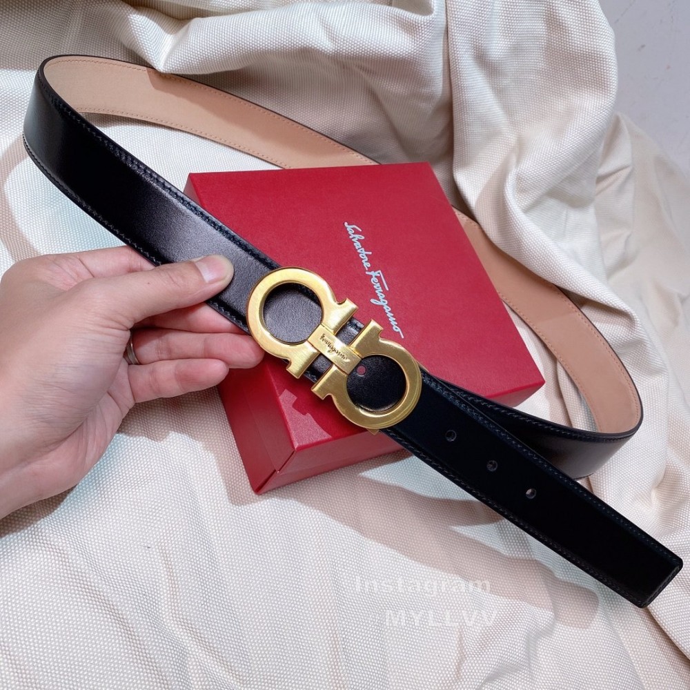 Ferragamo Black Calf Leather Gold Buckle 35mm Belt For Men