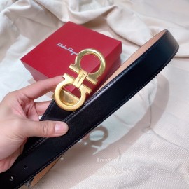 Ferragamo Black Calf Leather Gold Buckle 35mm Belt For Men