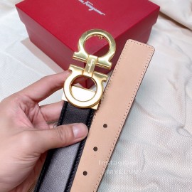 Ferragamo Black Calf Leather Gold Buckle 35mm Belt For Men