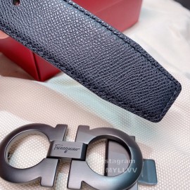 Ferragamo Black Calf Leather Gun Color Buckle 35mm Belt For Men