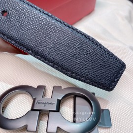 Ferragamo Black Calf Leather Gun Color Buckle 35mm Belt For Men