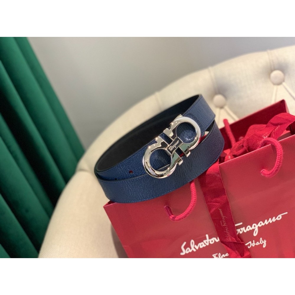 Ferragamo Calf Leather Pure Copper Buckle 35mm Belt For Men Blue