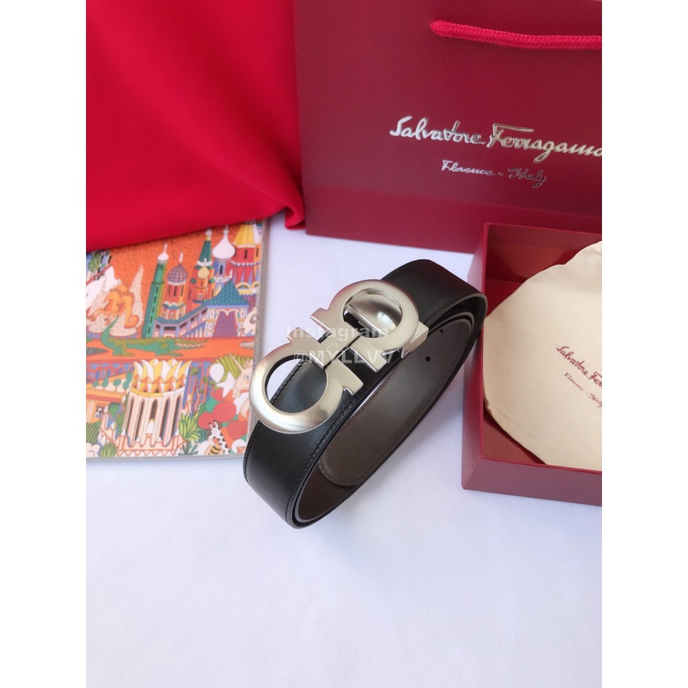 Ferragamo Calf Leather Pure Copper Silver Gancio Buckle Belt For Men 