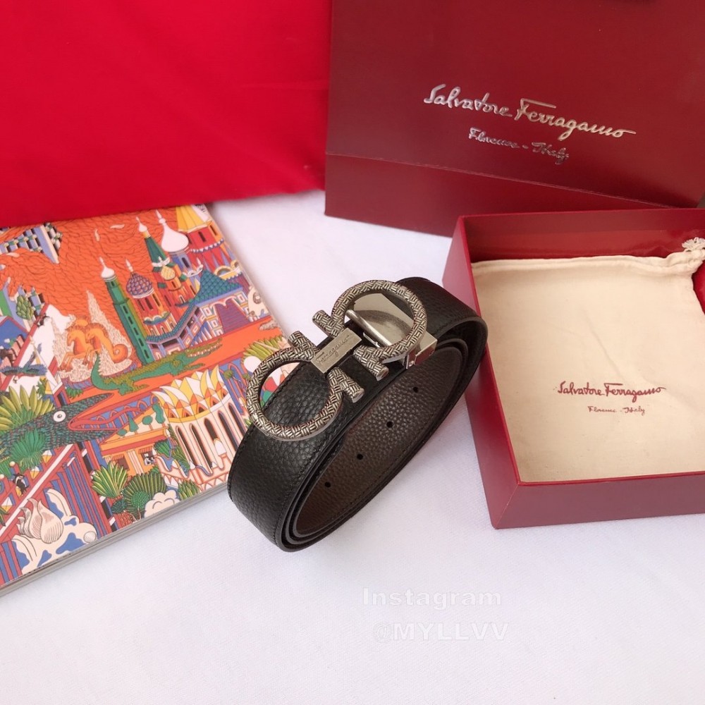 Ferragamo Calf Leather Silver Pure Copper Gancio Buckle Belt For Men 