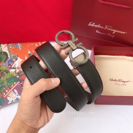 Ferragamo Calf Leather Silver Pure Copper Gancio Buckle Belt For Men 