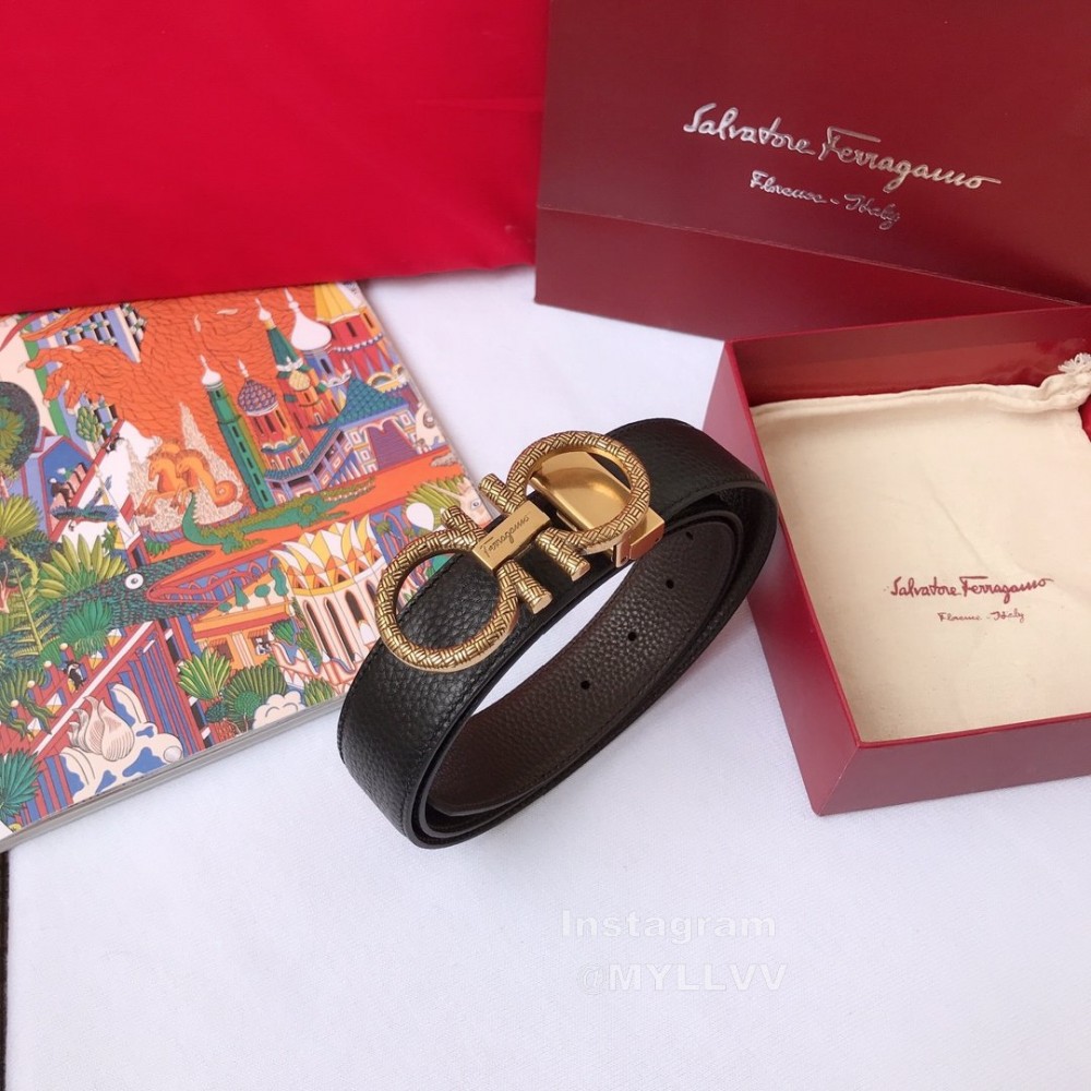 Ferragamo Calf Leather Gold Pure Copper Gancio Buckle Belt For Men 