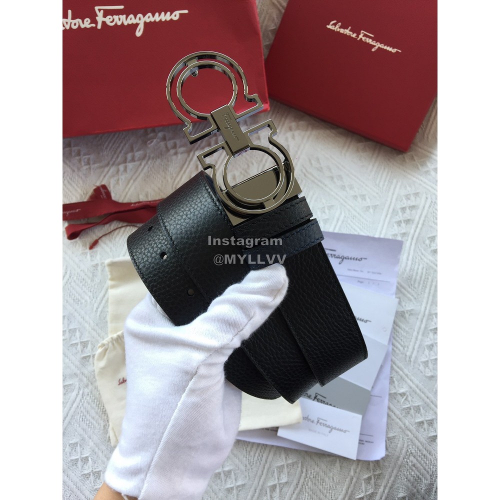 Ferragamo Calf Leather Gun Color Hollow Buckle 35mm Belt For Men 