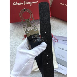 Ferragamo Calf Leather Gun Color Hollow Buckle 35mm Belt For Men 